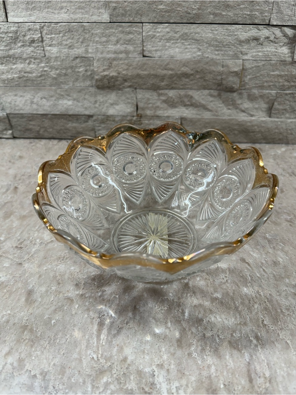 Antquie EAPG Bulls Eye and Fan Gold Trim Early American Press Glass Bowl 6 5/8"
